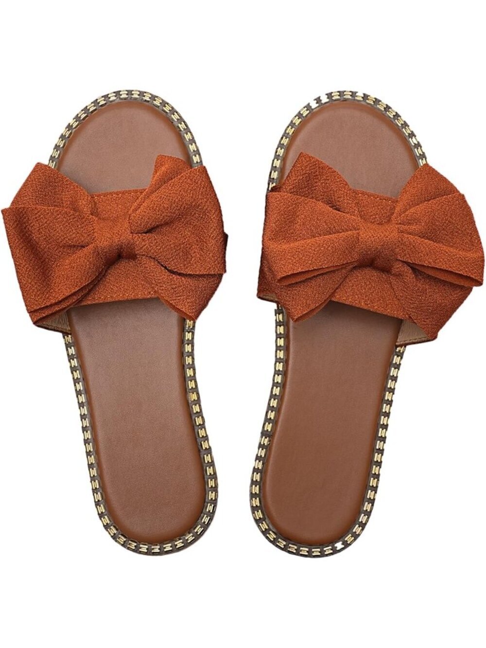 Women's Brown Bow Knot Slides Open Toe Flat Slip On Faux Leather Slippers